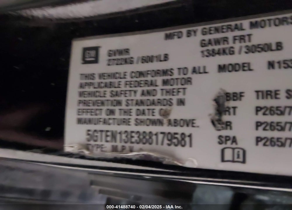 2008 HUMMER H3 SUV VIN: 5GTEN13E388179581