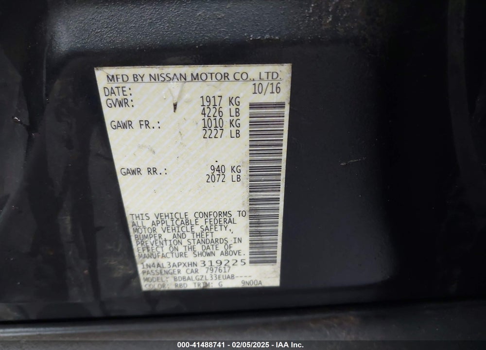 2017 NISSAN ALTIMA VIN: 1N4AL3APXHN319225