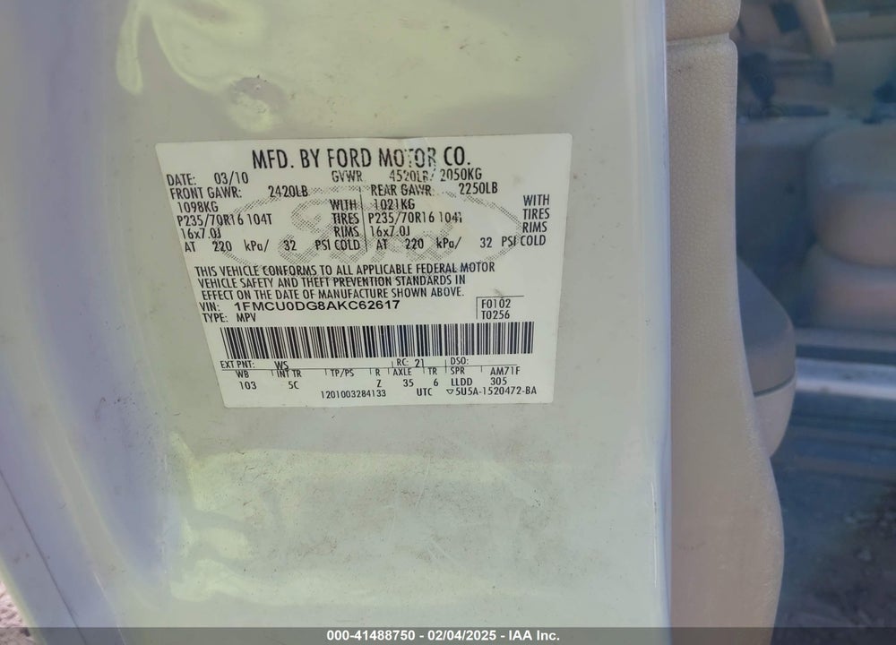 2010 FORD ESCAPE XLT VIN: 1FMCU0DG8AKC62617