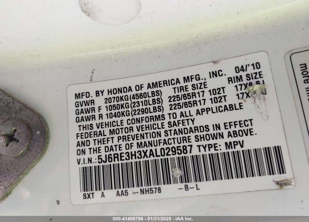 2010 HONDA CR-V LX VIN: 5J6RE3H3XAL029587