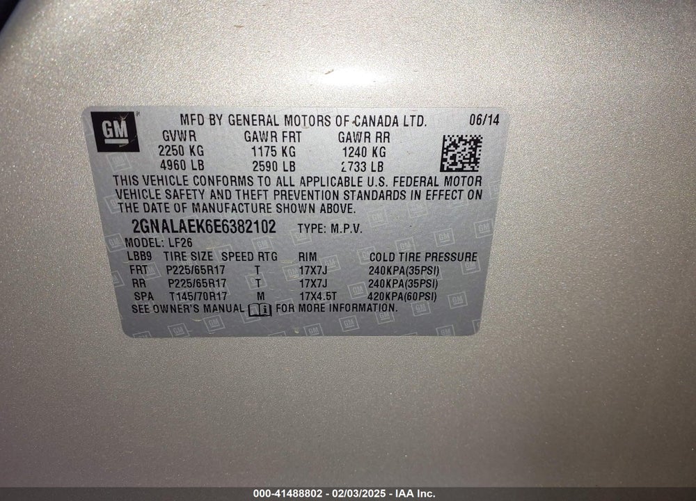 2014 CHEVROLET EQUINOX VIN: 2GNALAEK6E6382102