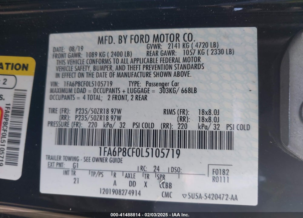 2020 FORD MUSTANG VIN: 1FA6P8CF0L5105719