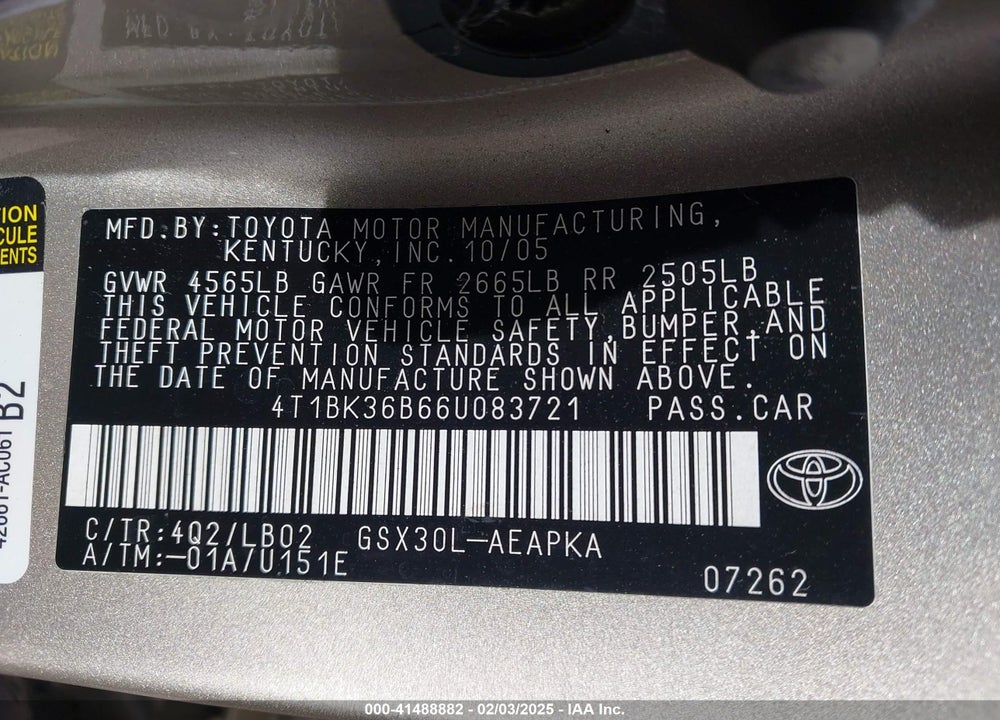 2006 TOYOTA AVALON VIN: 4T1BK36B66U083721