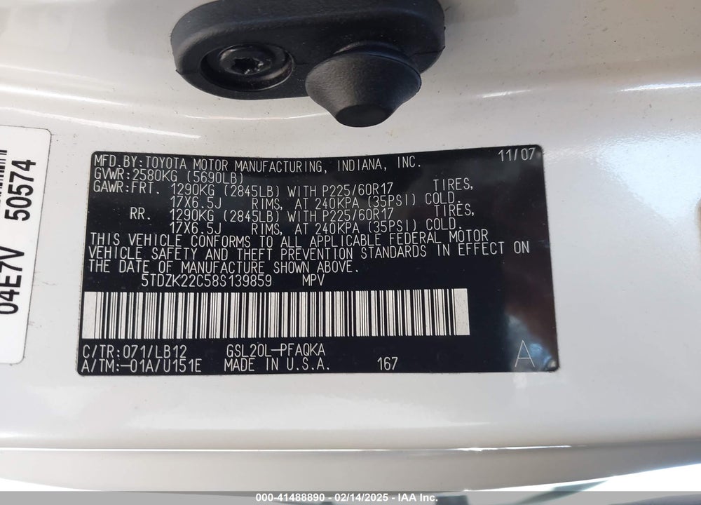 2008 TOYOTA SIENNA XLE VIN: 5TDZK22C58S139859