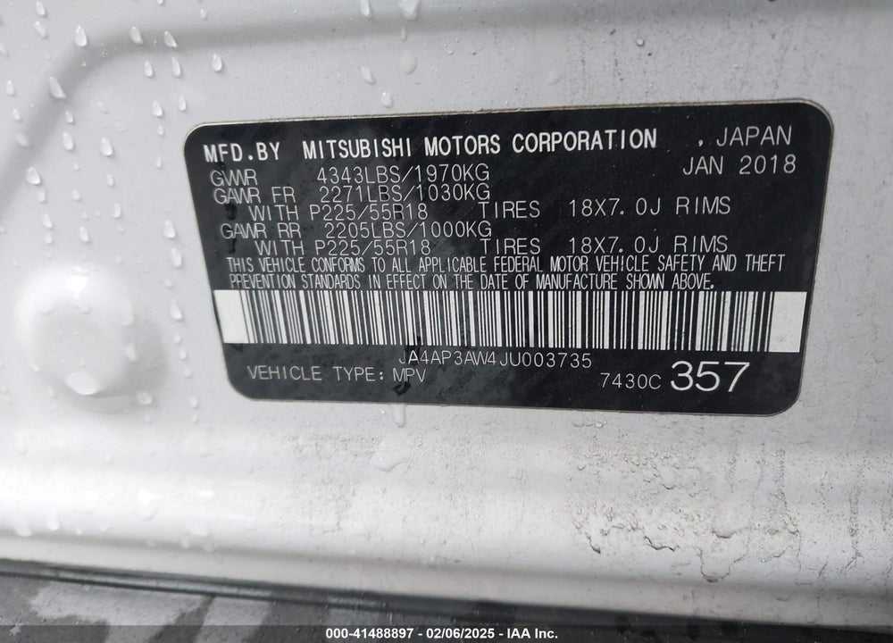 2018 MITSUBISHI OUTLANDER SPORT VIN: JA4AP3AW4JU003735