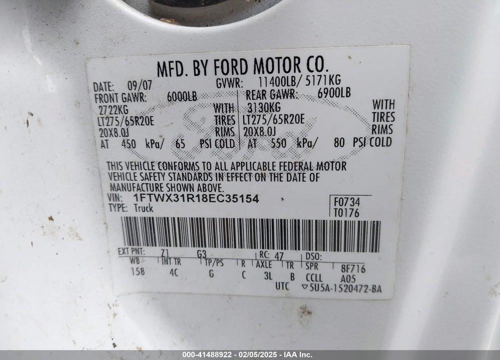 2008 FORD F-350 FX4/LARIAT/XL/XLT VIN: 1FTWX31R18EC35154