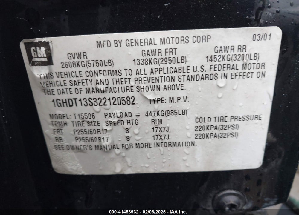 2002 OLDSMOBILE BRAVADA VIN: 1GHDT13S322120582
