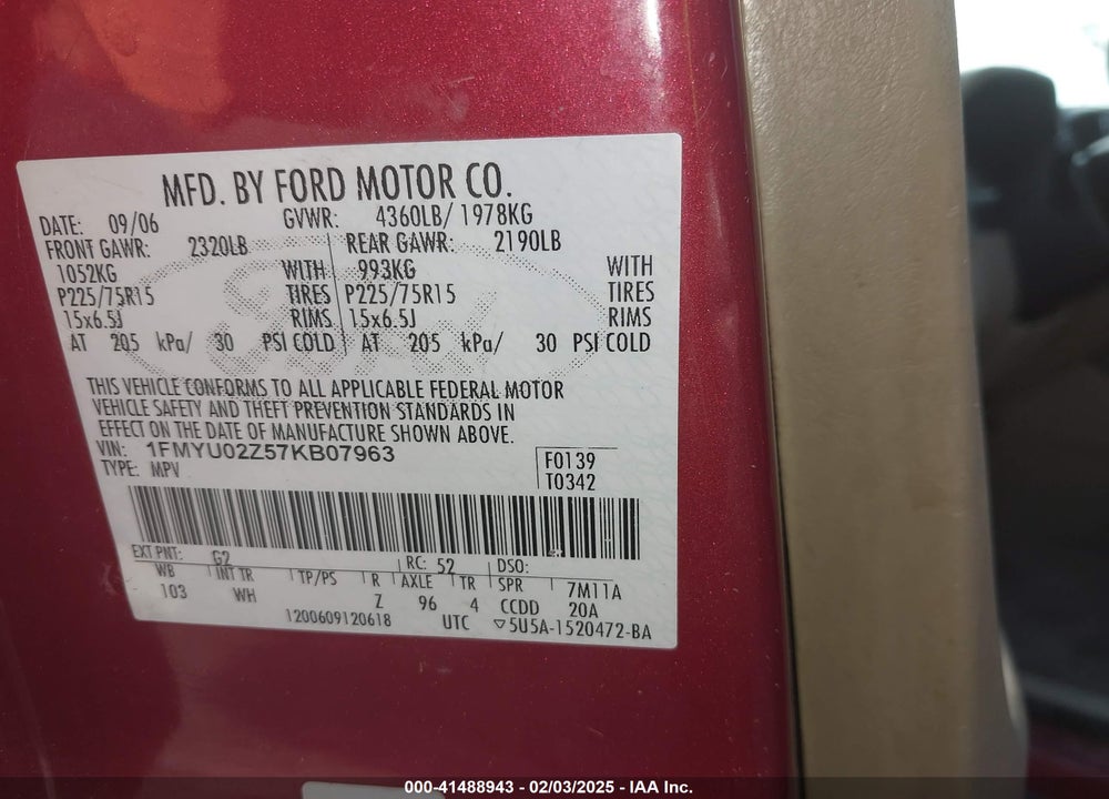 2007 FORD ESCAPE XLS/XLS MANUAL VIN: 1FMYU02Z57KB07963