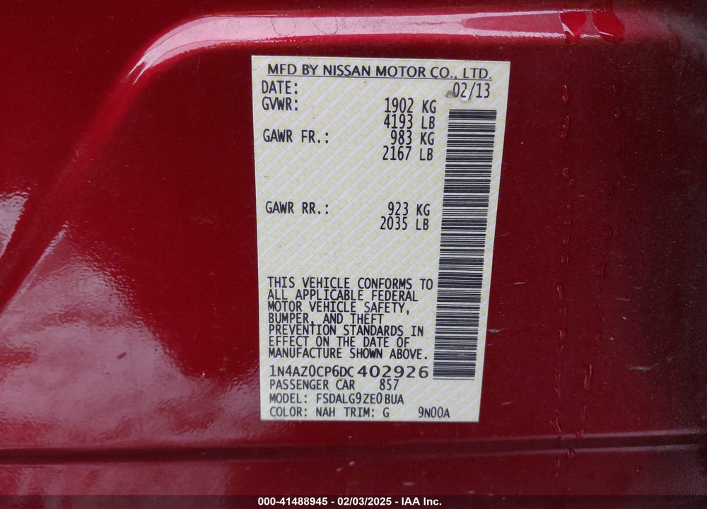 2013 NISSAN LEAF VIN: 1N4AZ0CP6DC402926