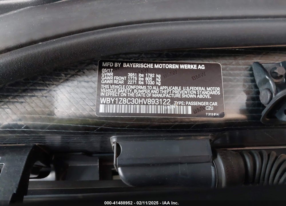 2017 BMW I3 VIN: WBY1Z8C30HV893122