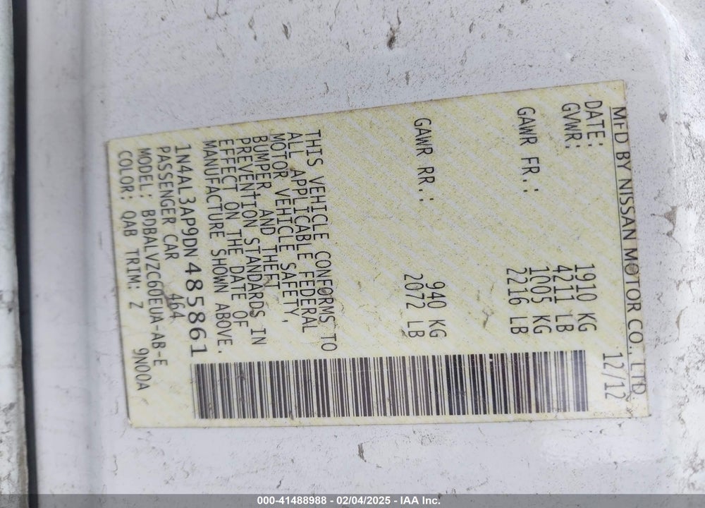 2013 NISSAN ALTIMA VIN: 1N4AL3AP9DN485861