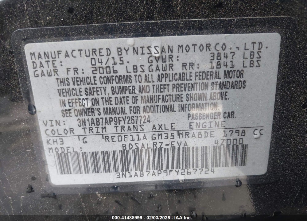 2015 NISSAN SENTRA SR VIN: 3N1AB7AP9FY267724