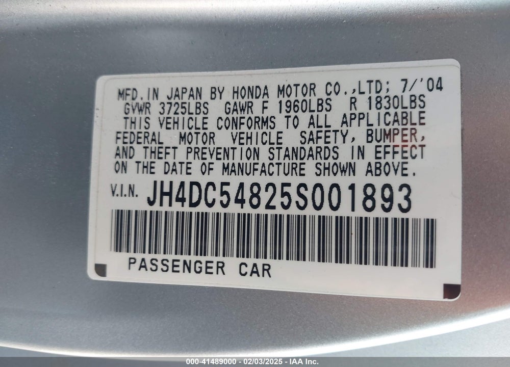 2005 ACURA RSX VIN: JH4DC54825S001893