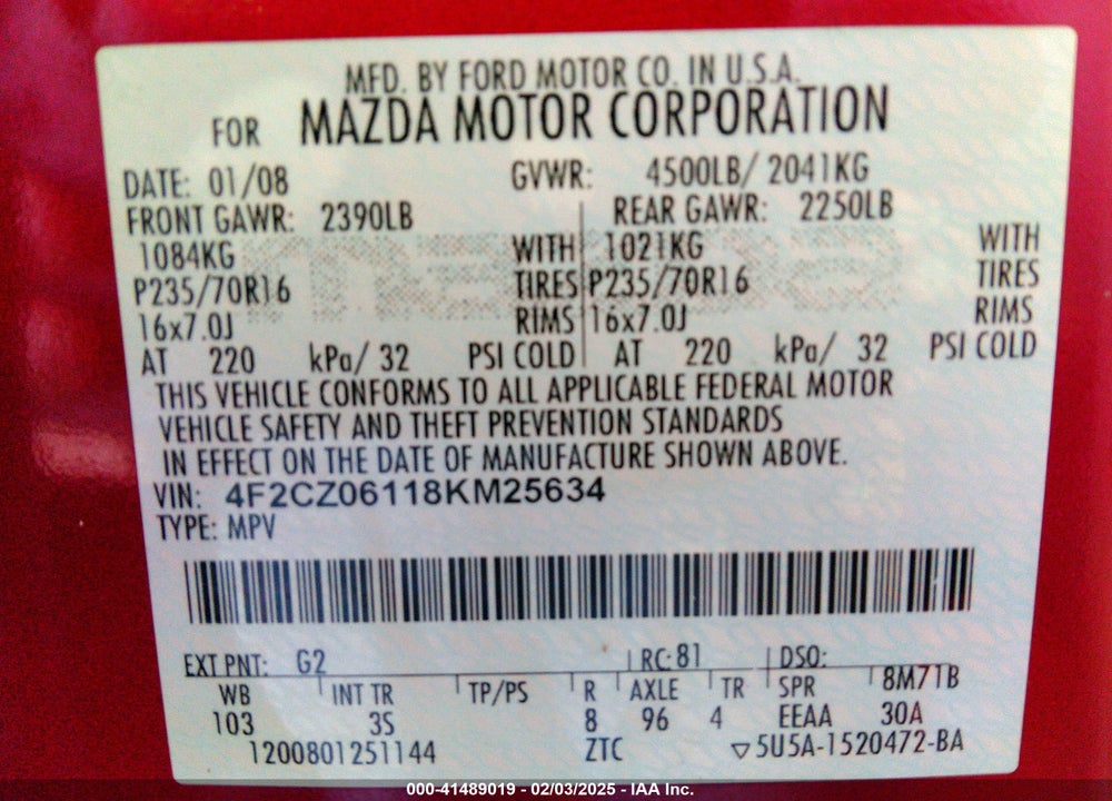 2008 MAZDA TRIBUTE S TOURING VIN: 4F2CZ06118KM25634