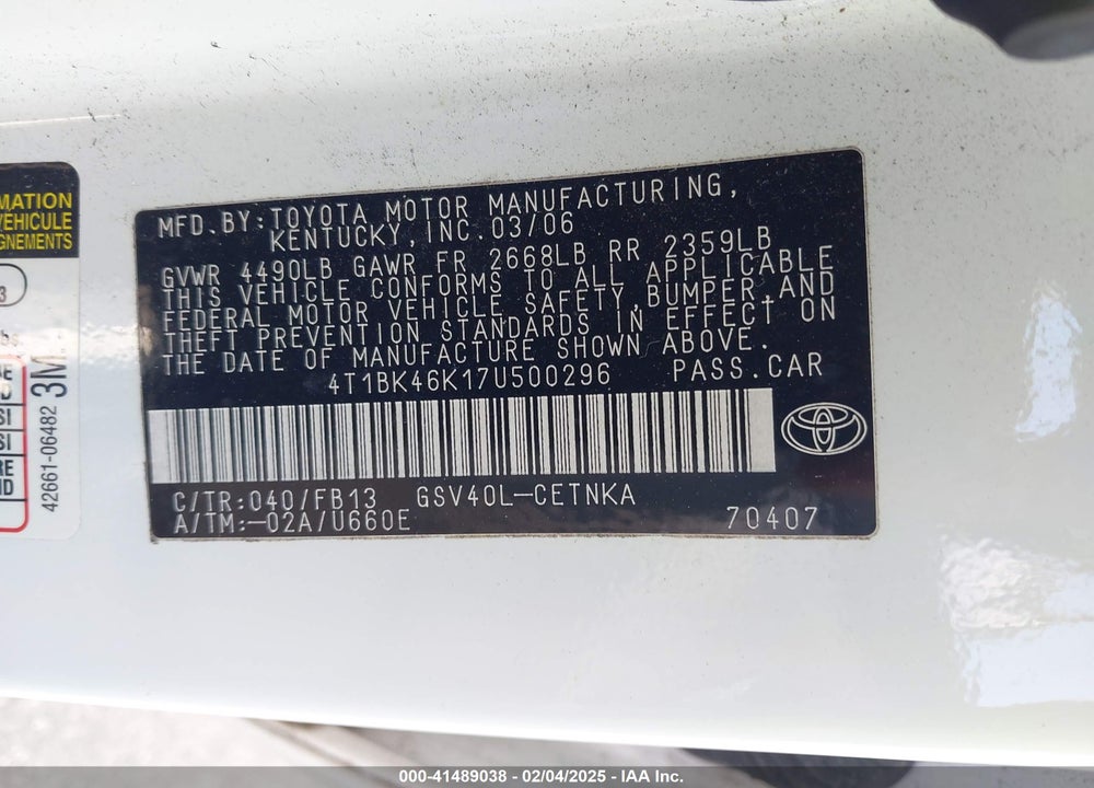2007 TOYOTA CAMRY LE V6 VIN: 4T1BK46K17U500296