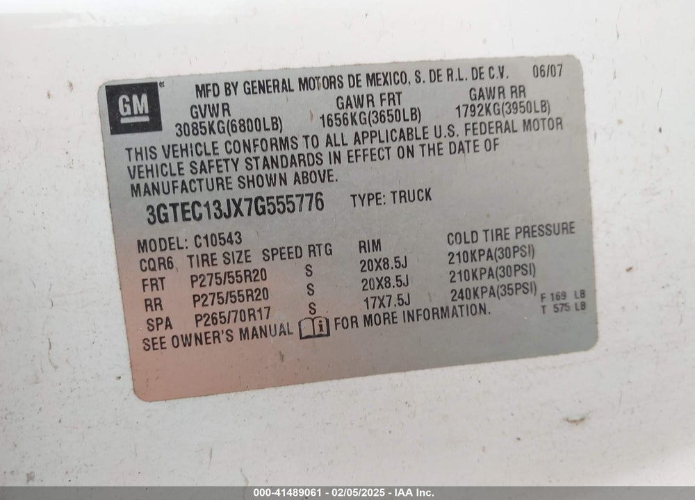 2007 GMC NEW SIERRA VIN: 3GTEC13JX7G555776