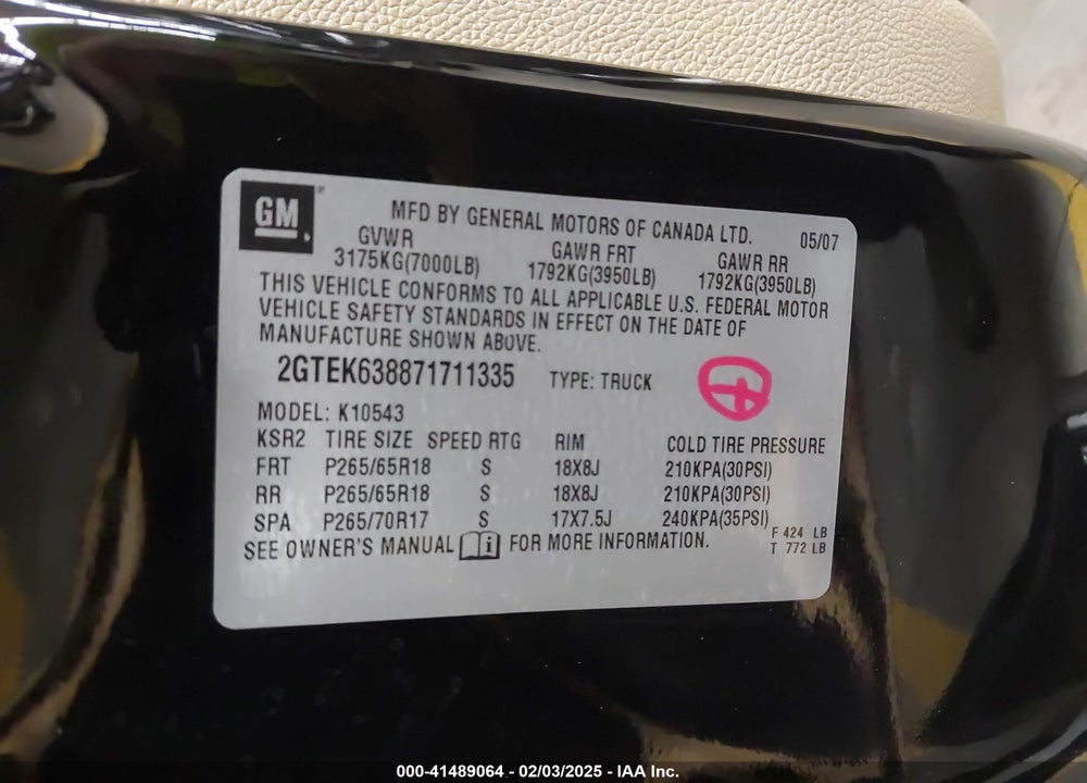 2007 GMC SIERRA 1500 VIN: 2GTEK638871711335