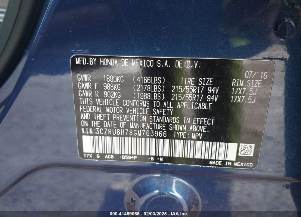 2016 HONDA HR-V VIN: 3CZRU6H78GM763966