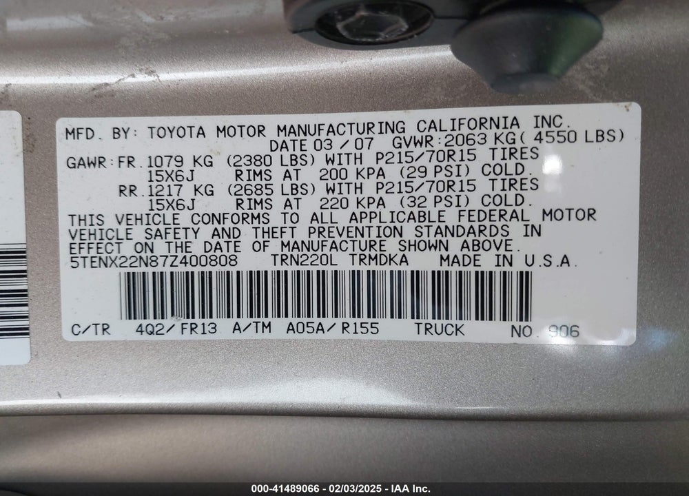 2007 TOYOTA TACOMA VIN: 5TENX22N87Z400808