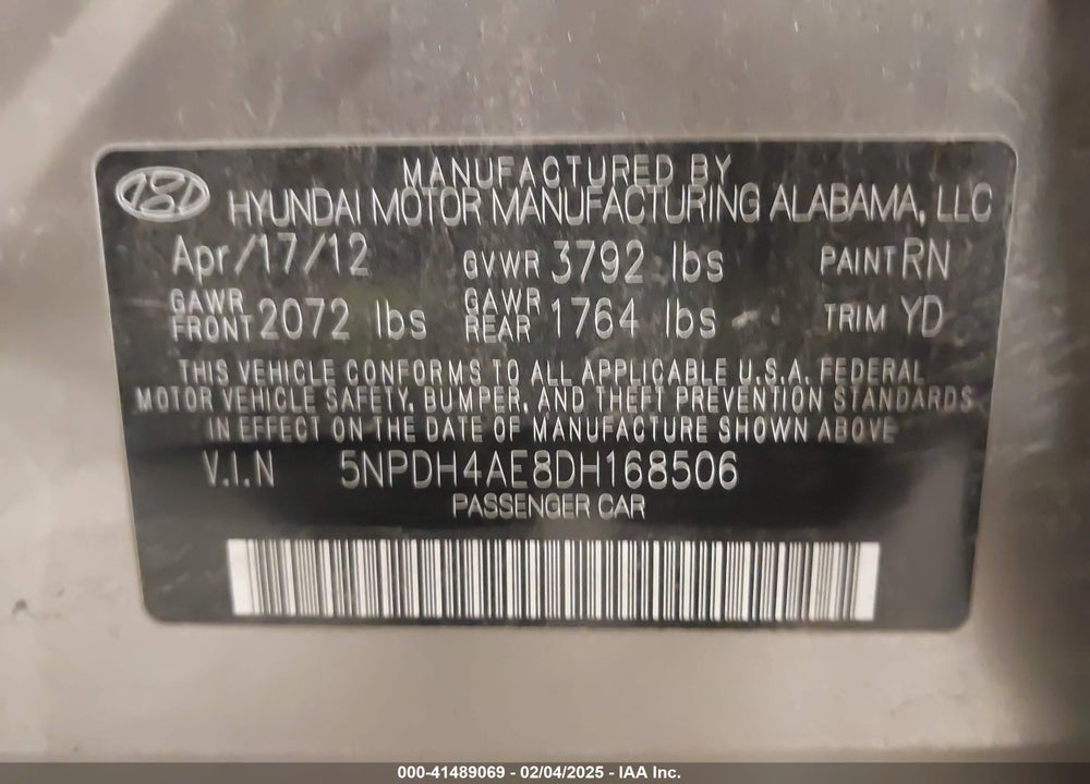 2013 HYUNDAI ELANTRA VIN: 5NPDH4AE8DH168506