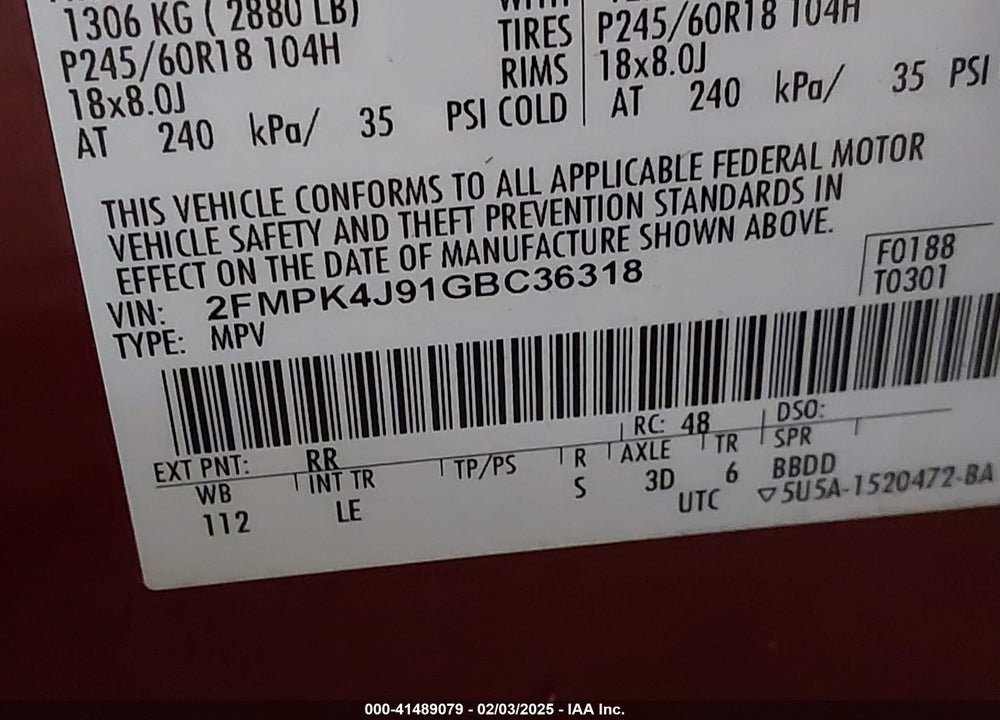 2016 FORD EDGE SEL VIN: 2FMPK4J91GBC36318