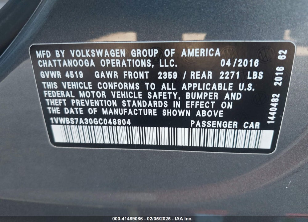 2016 VOLKSWAGEN PASSAT 1.8T SE VIN: 1VWBS7A30GC048804