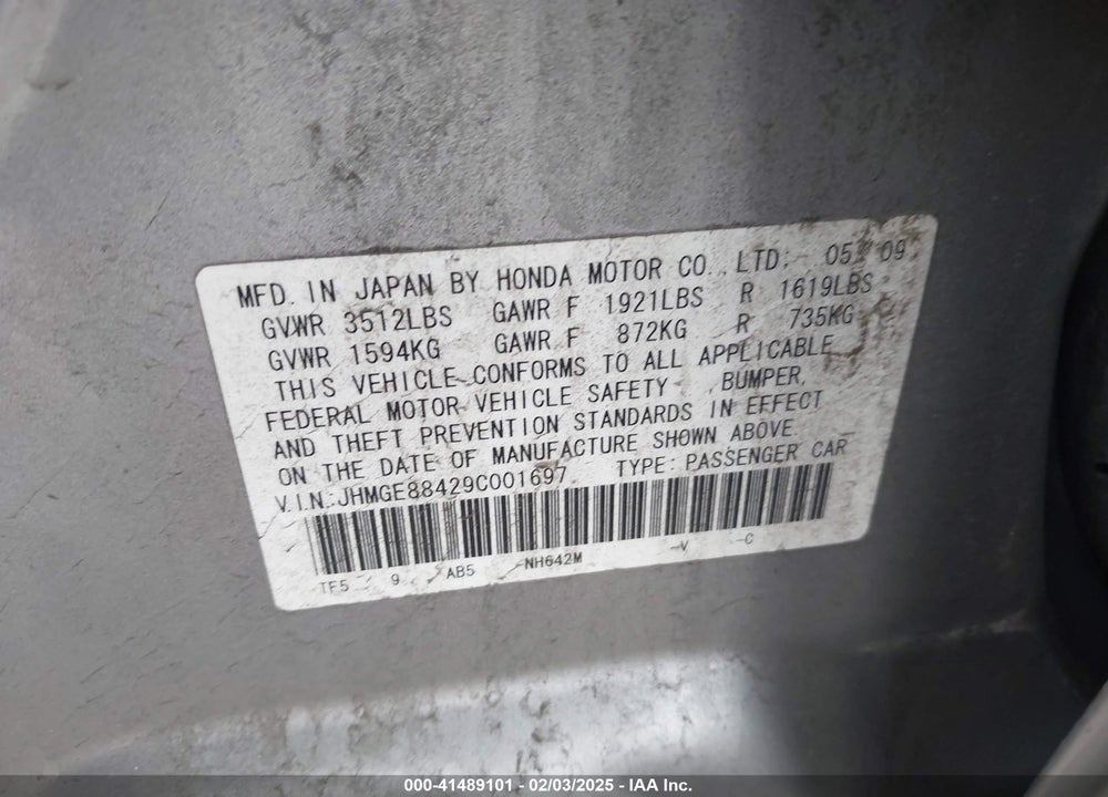 2009 HONDA FIT VIN: JHMGE88429C001697
