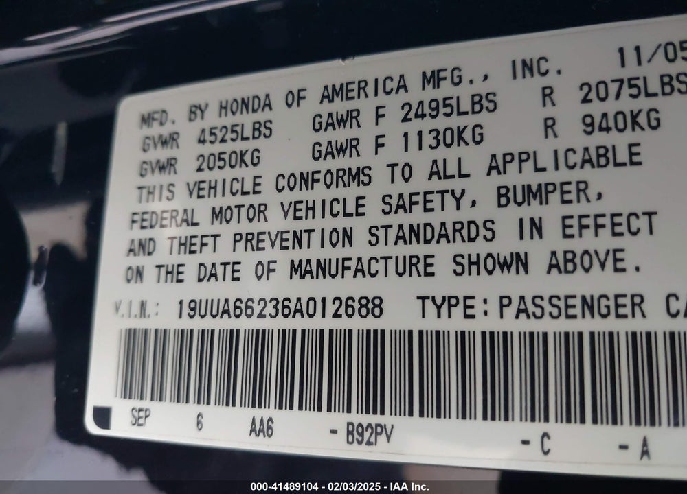 2006 ACURA TL VIN: 19UUA66236A012688