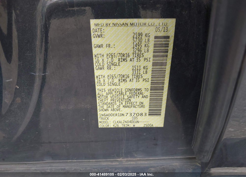 2013 NISSAN FRONTIER SV VIN: 1N6AD0ER1DN737083