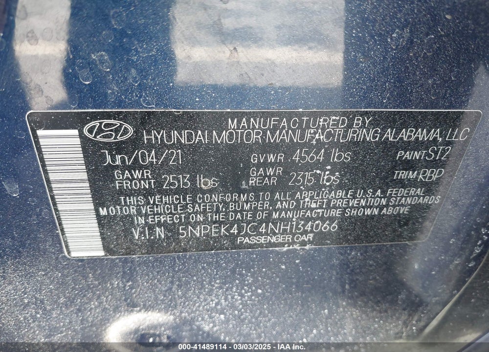 2022 HYUNDAI SONATA VIN: 5NPEK4JC4NH134066