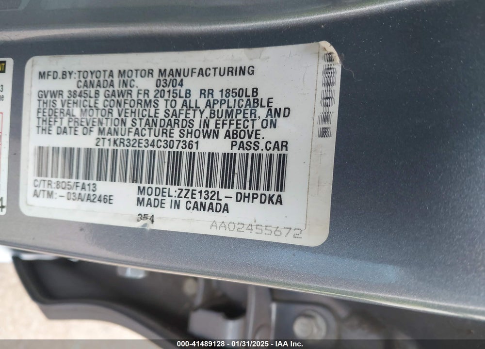 2004 TOYOTA MATRIX STANDARD VIN: 2T1KR32E34C307361