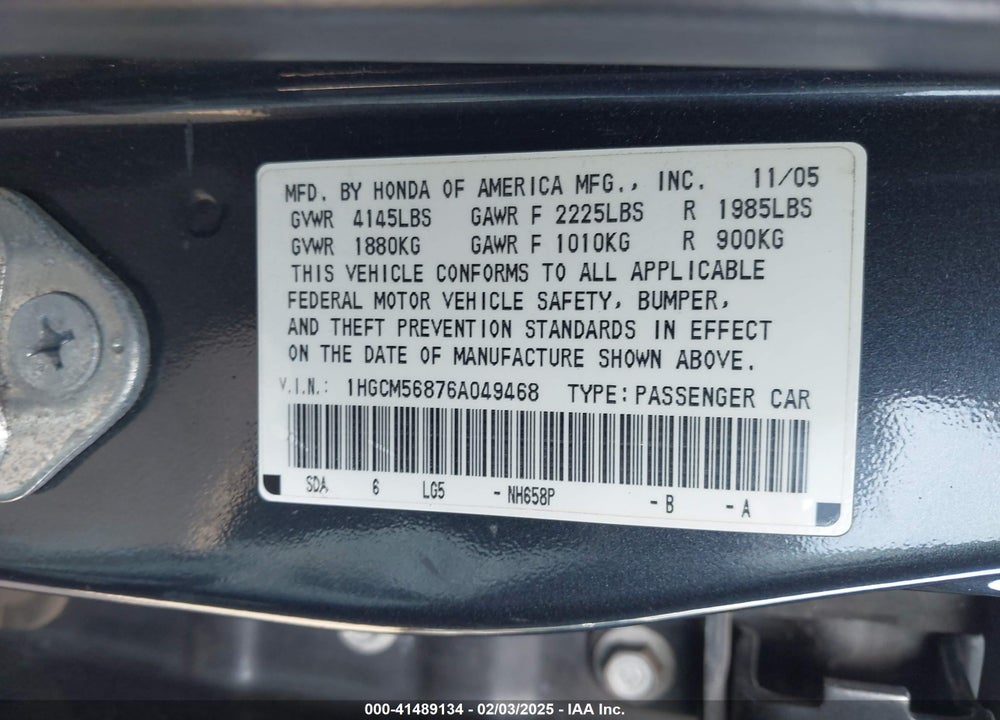 2006 HONDA ACCORD VIN: 1HGCM56876A049468
