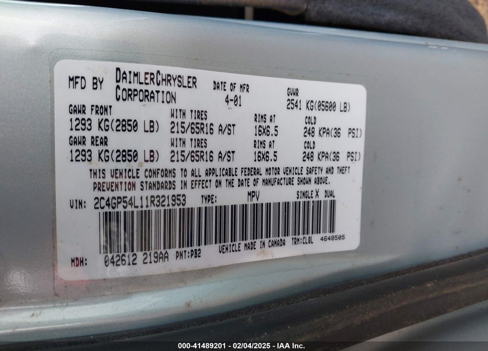 2001 CHRYSLER TOWN & COUNTRY LXI VIN: 2C4GP54L11R321953