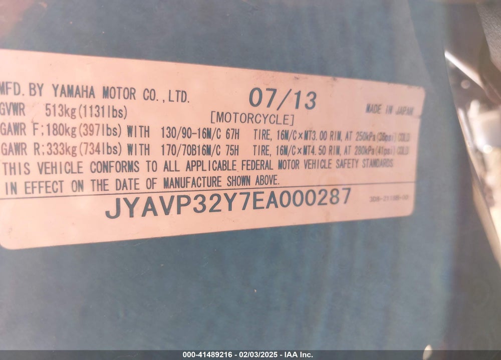 2014 YAMAHA XVS1300 CTC/CFD VIN: JYAVP32Y7EA000287