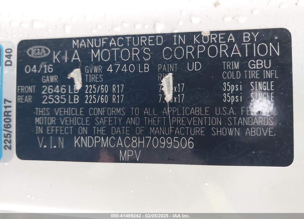 2017 KIA SPORTAGE VIN: KNDPMCAC8H7099506