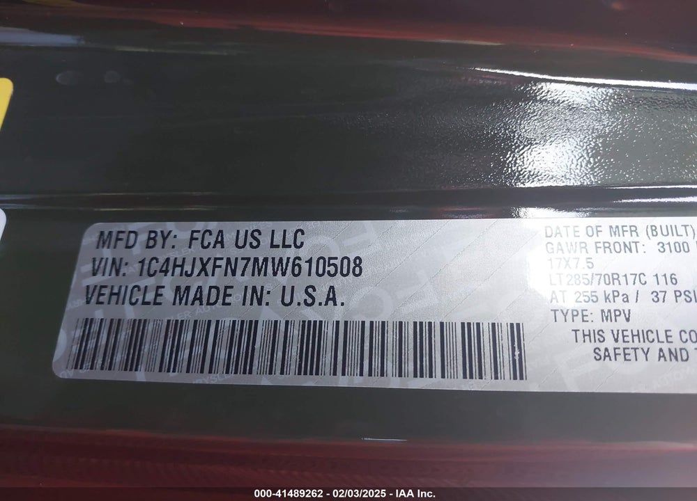 2021 JEEP WRANGLER UNLIMITED VIN: 1C4HJXFN7MW610508