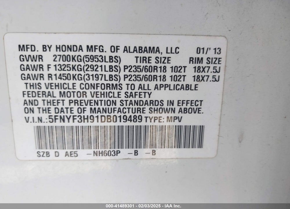 2013 HONDA PILOT VIN: 5FNYF3H91DB019489