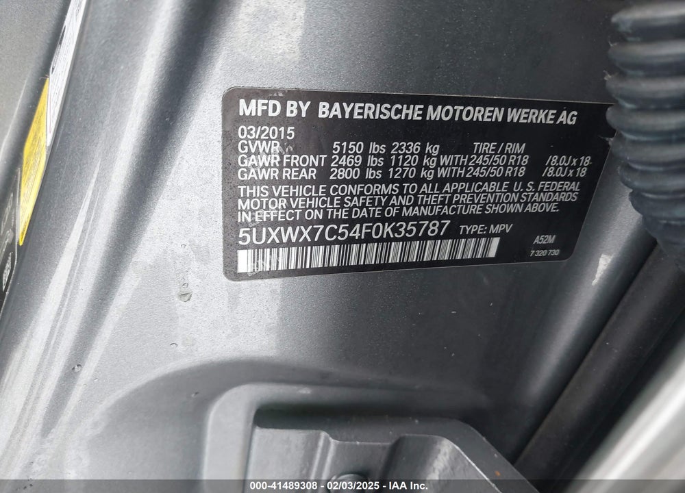 2015 BMW X3 XDRIVE35I VIN: 5UXWX7C54F0K35787