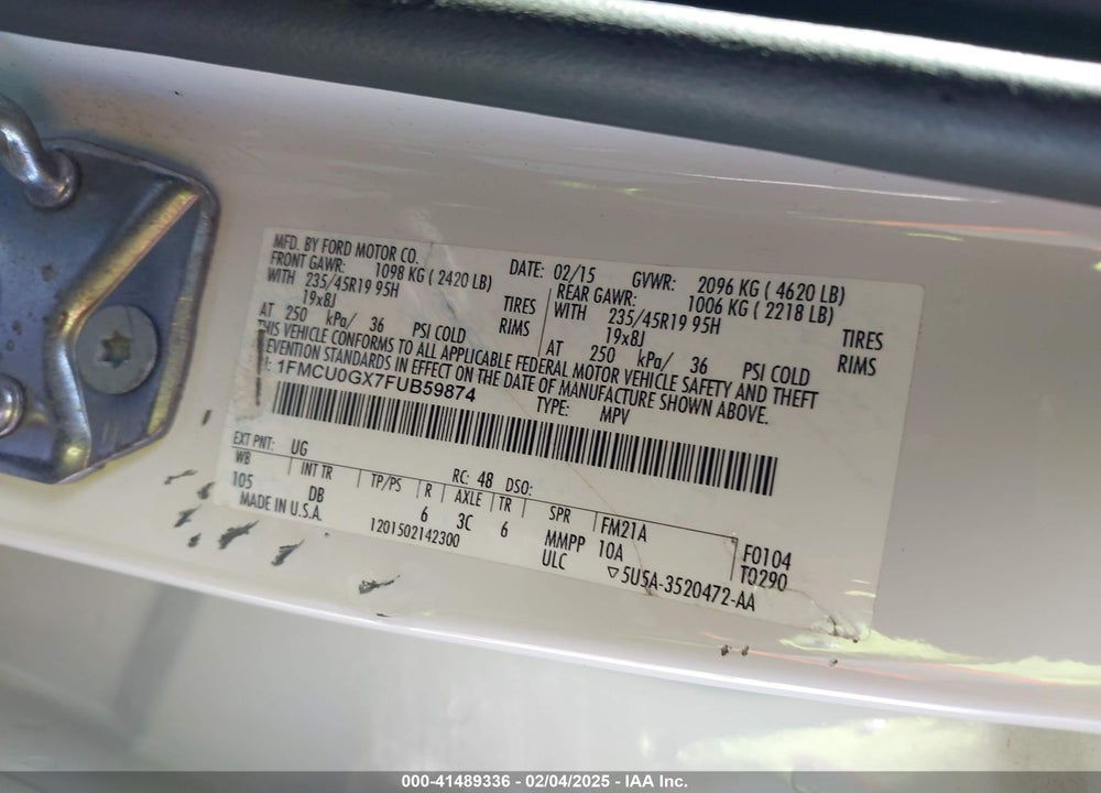 2015 FORD ESCAPE SE VIN: 1FMCU0GX7FUB59874