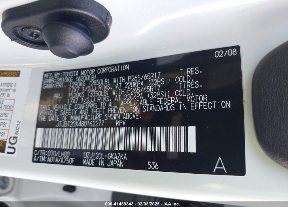 2008 LEXUS GX 470 VIN: JTJBT20X480162277
