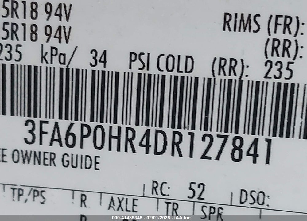 2013 FORD FUSION VIN: 3FA6P0HR4DR127841