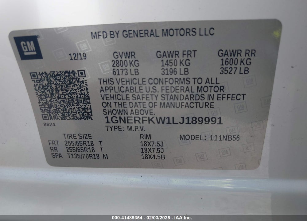 2020 CHEVROLET TRAVERSE VIN: 1GNERFKW1LJ189991