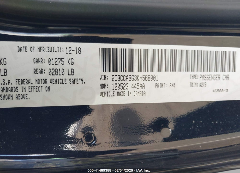 2019 CHRYSLER 300 VIN: 2C3CCABG3KH566001