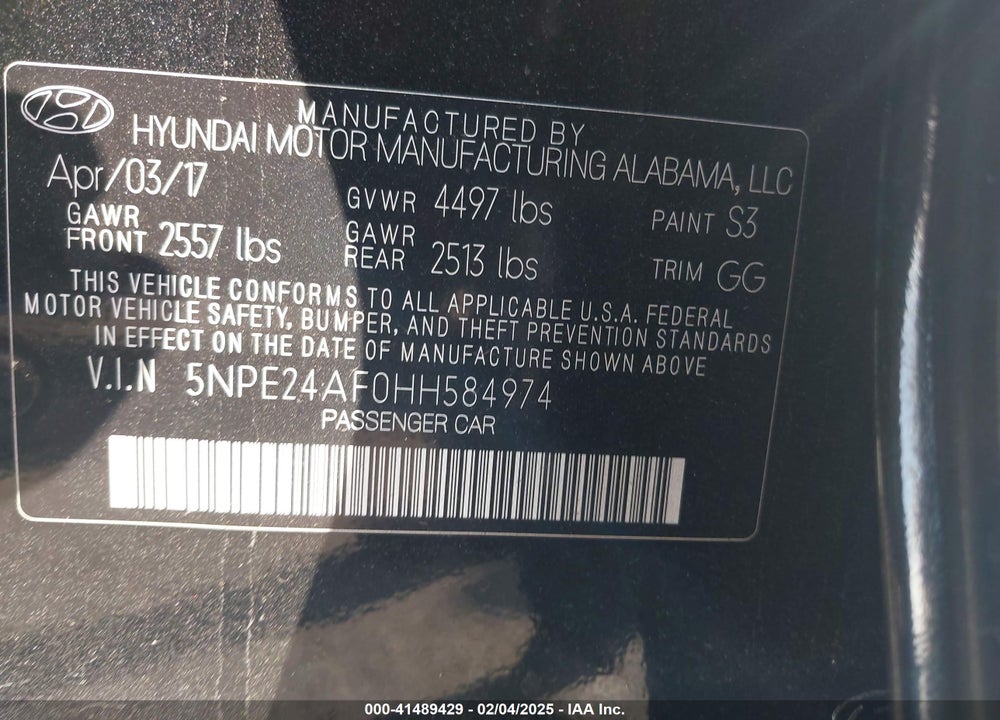 2017 HYUNDAI SONATA VIN: 5NPE24AF0HH584974