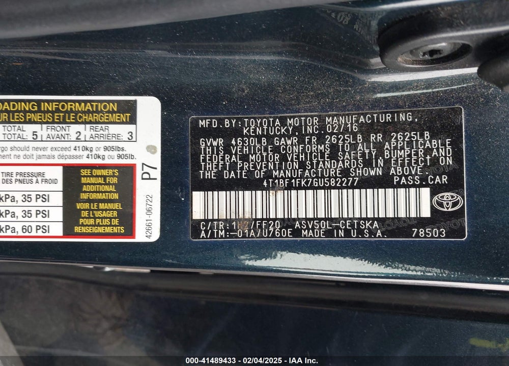 2016 TOYOTA CAMRY SE VIN: 4T1BF1FK7GU582277