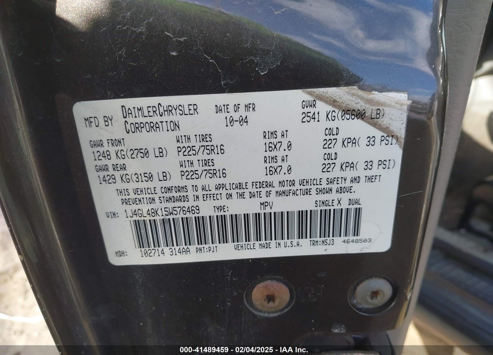 2005 JEEP LIBERTY SPORT VIN: 1J4GL48K15W576469