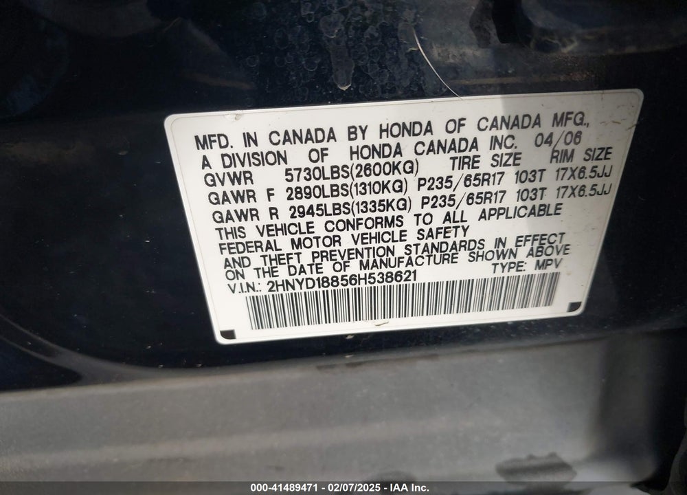 2006 ACURA MDX VIN: 2HNYD18856H538621