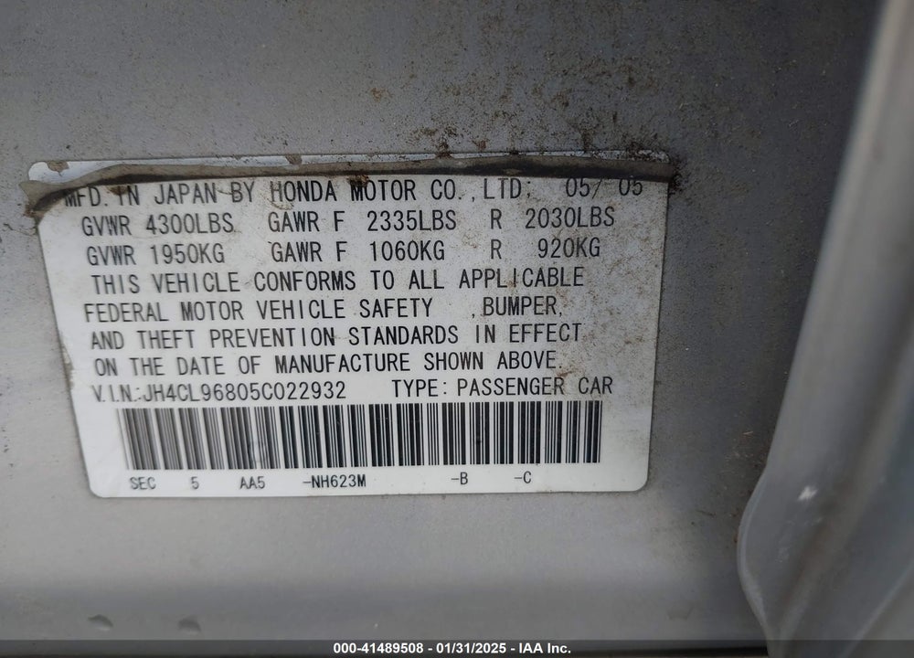 2005 ACURA TSX VIN: JH4CL96805C022932