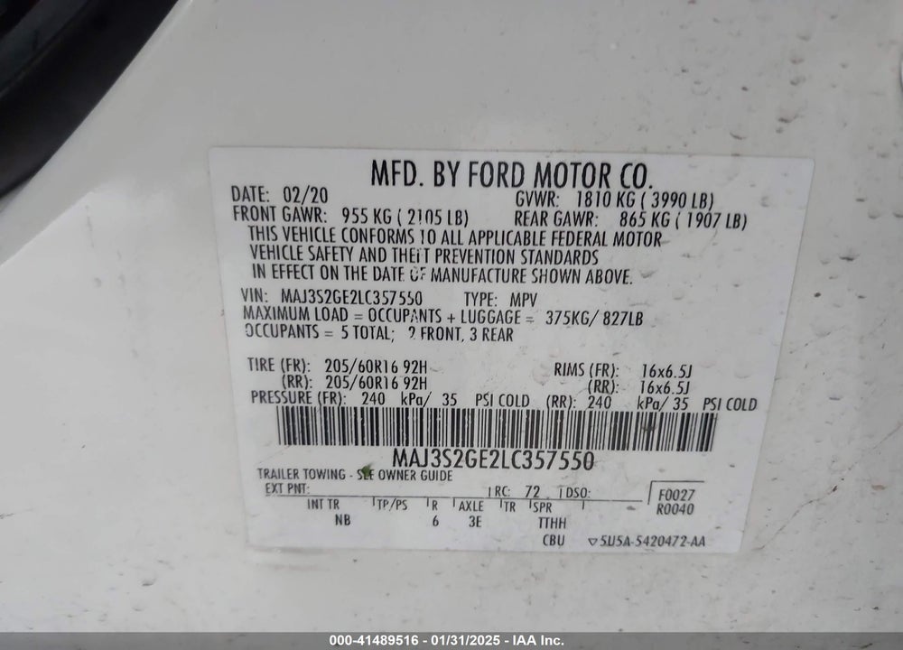 2020 FORD ECOSPORT SE VIN: MAJ3S2GE2LC357550