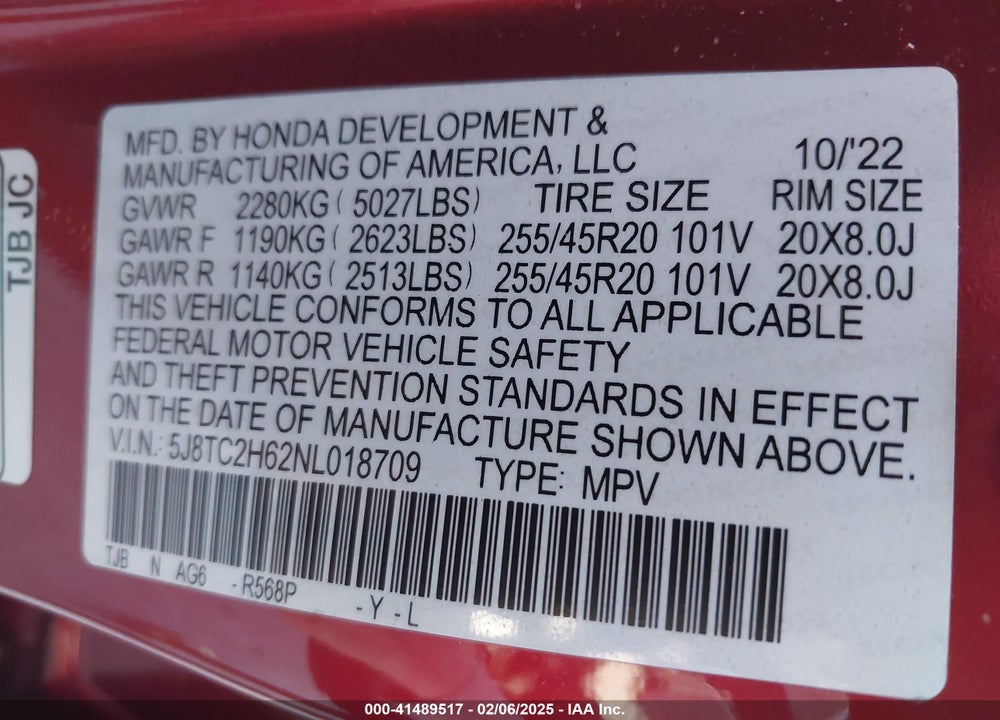 2022 ACURA RDX A-SPEC PACKAGE VIN: 5J8TC2H62NL018709